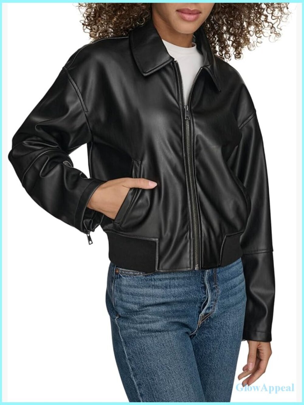 Faux Leather Bomber Jacket with Laydown Collar and Adjustable Cuffs